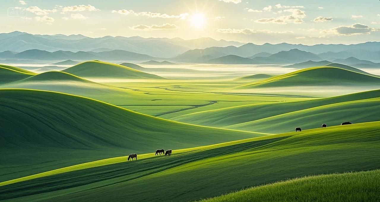 夏至节气草原丘陵日出自然风光畜牧业背景图