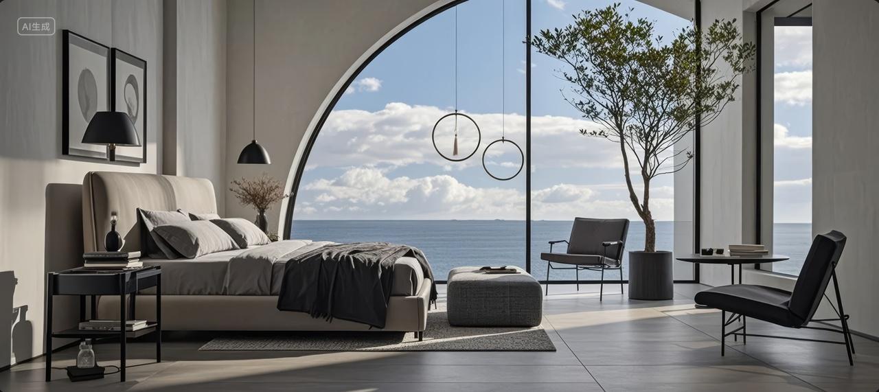 现代简约海景卧室室内设计家居生活背景图