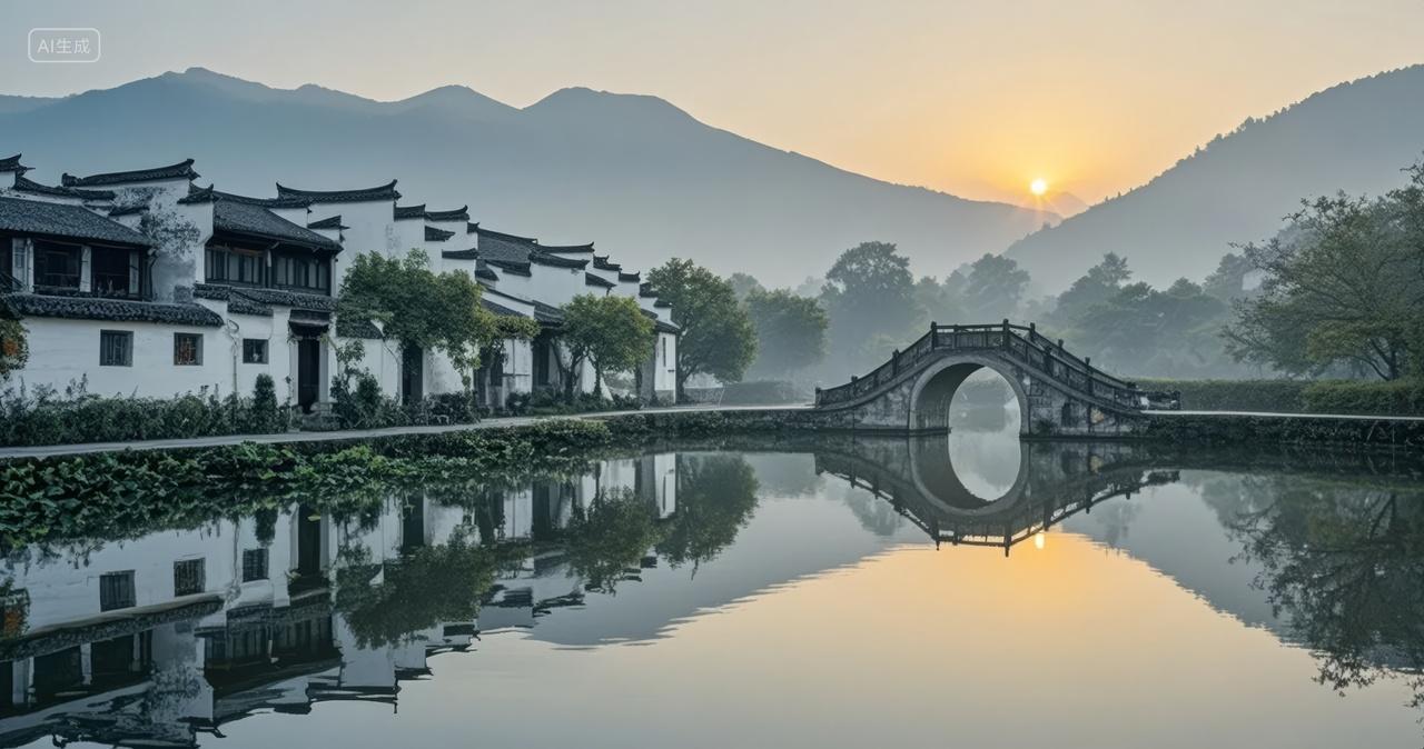 江南水乡古镇石桥倒影中国风旅游背景