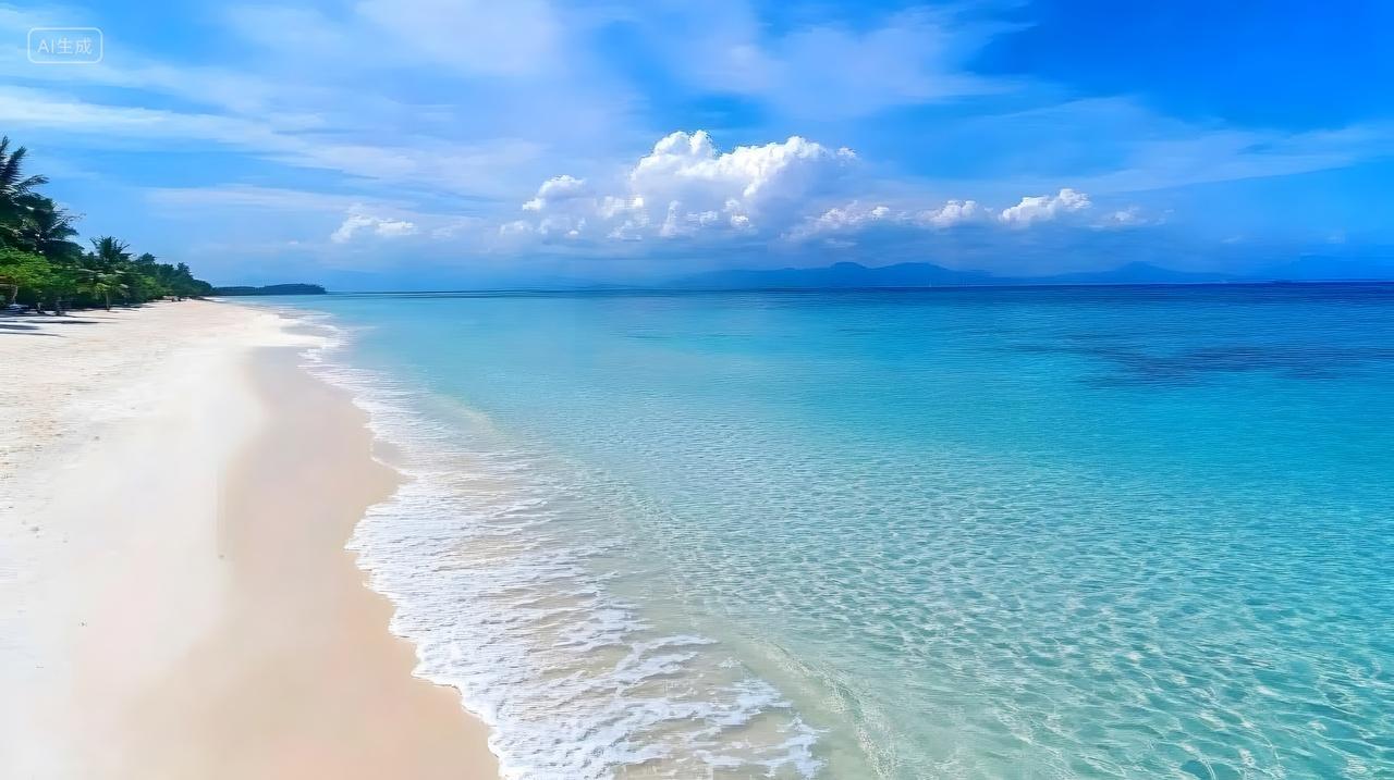 碧海蓝天，沙滩细腻，海浪轻拍岸边
