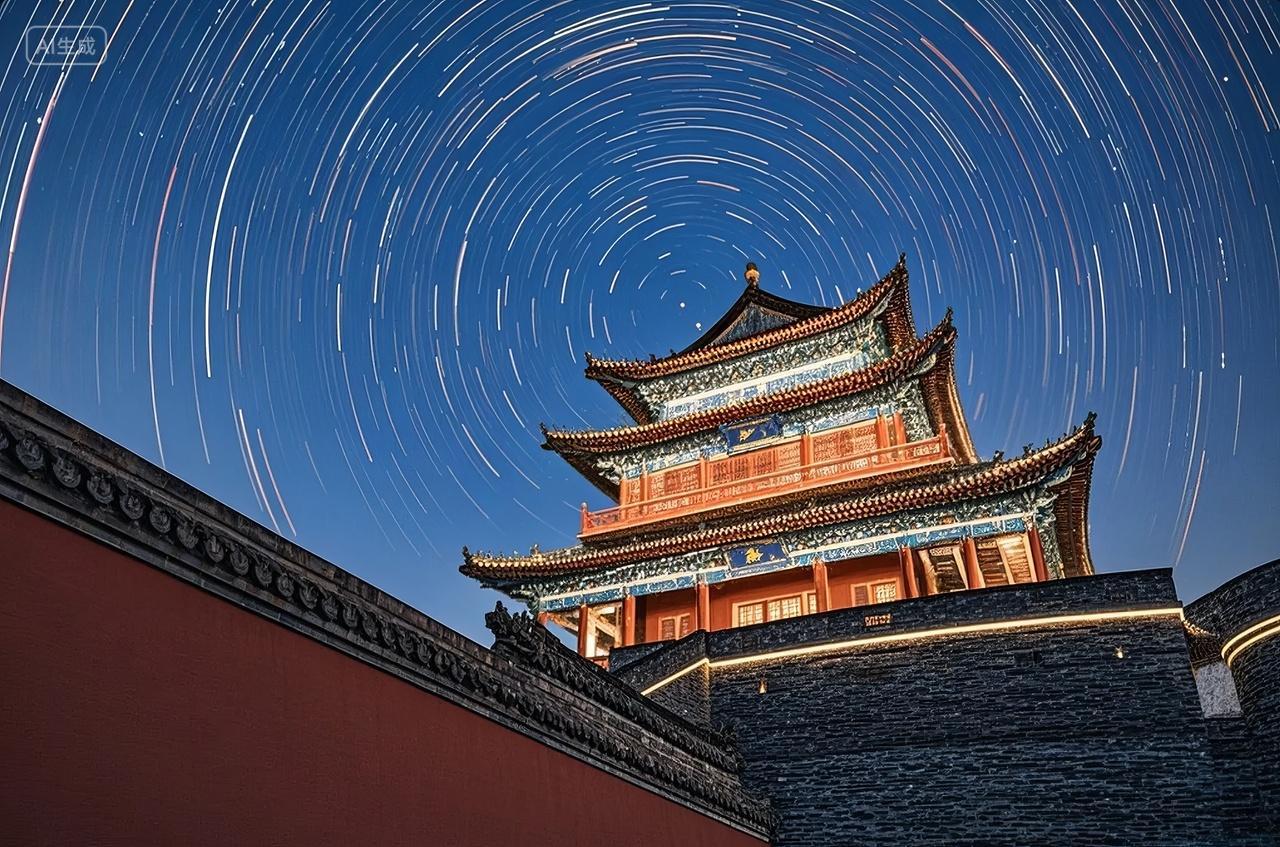 国庆节中秋夜空星轨古建筑文化旅游背景图