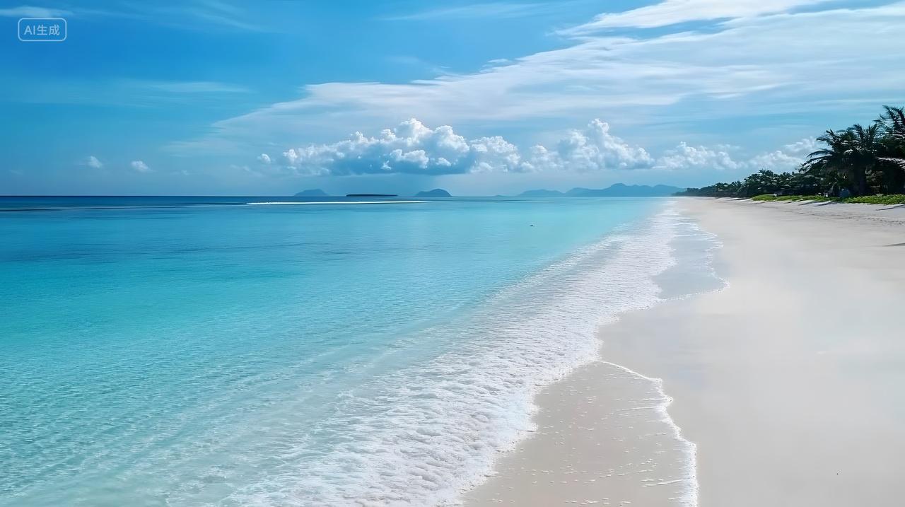碧海蓝天，沙滩细腻，海浪轻拍岸边，远处岛屿若隐若现