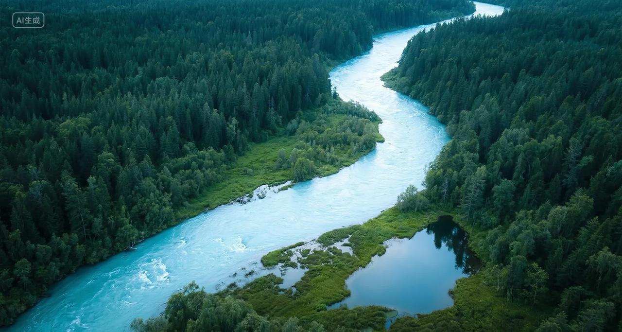 森林河流航拍蜿蜒绿色生态自然风光背景