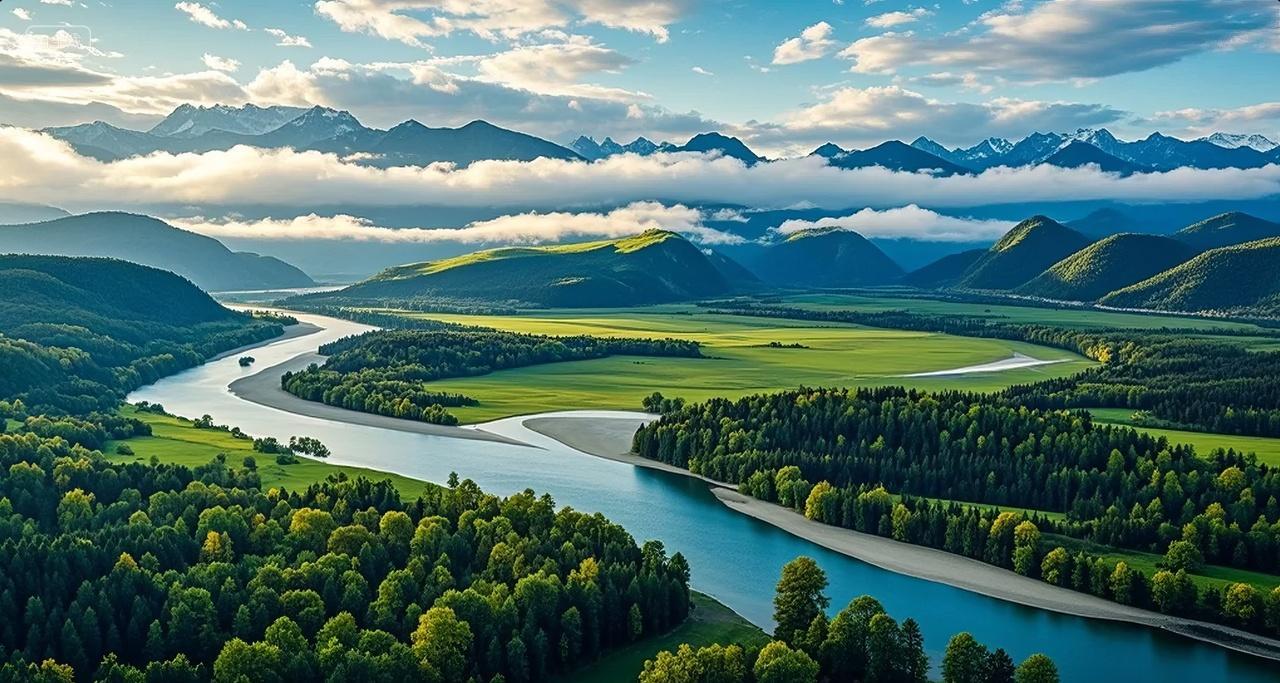 夏季河流山谷绿地蜿蜒航拍自然风光旅游背景