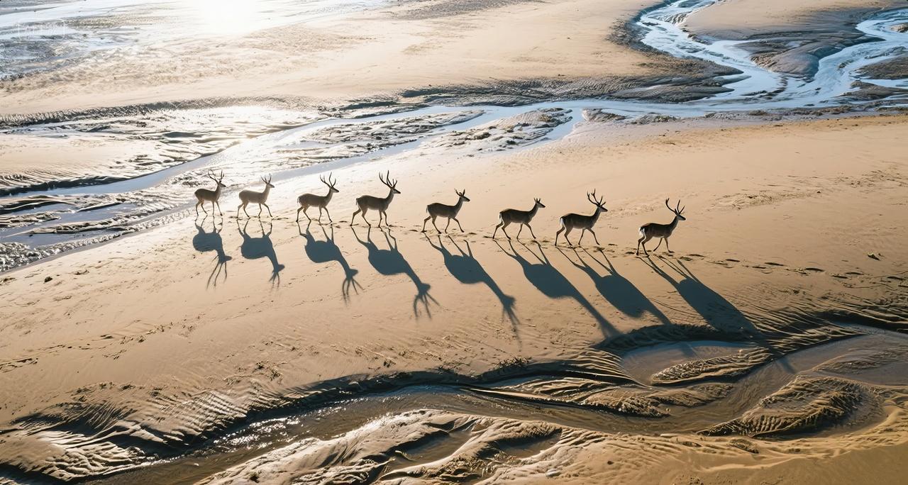动物世界鹿群迁徙奔跑航拍自然生态背景