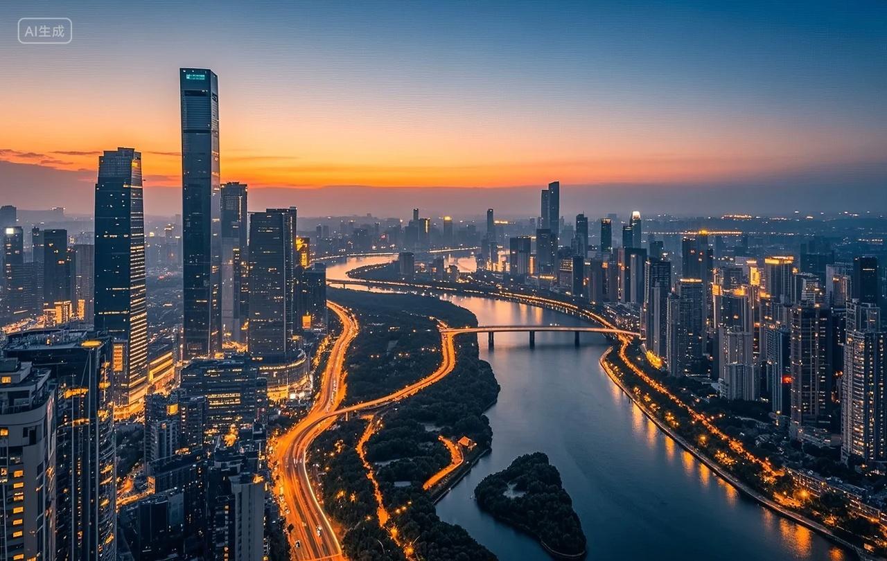 城市夜景天际线河流灯光繁华都市背景图