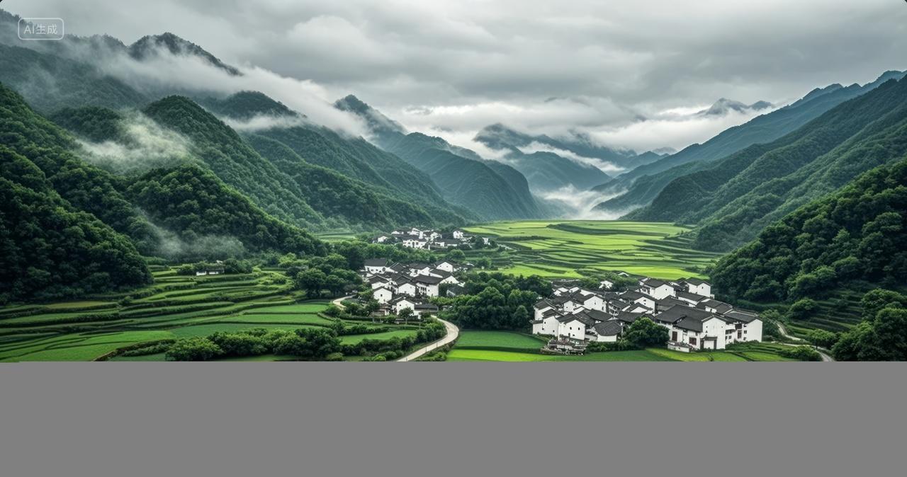 清明节气古村落梯田山谷雾气中国风旅游背景