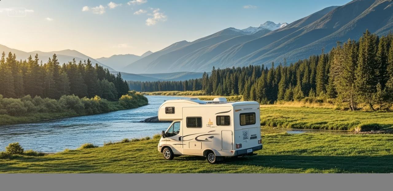 夏季房车露营湖边山林休闲度假旅游背景