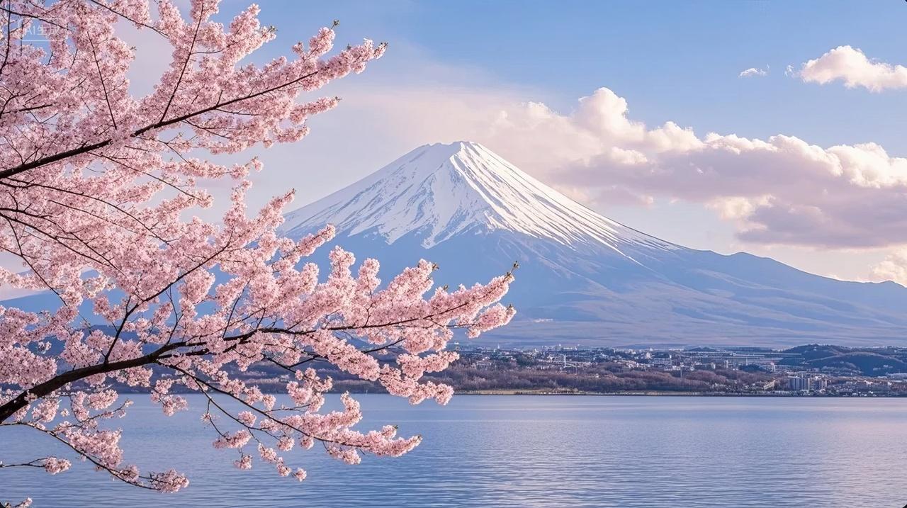 清明节气富士山樱花湖面倒影唯美春日背景