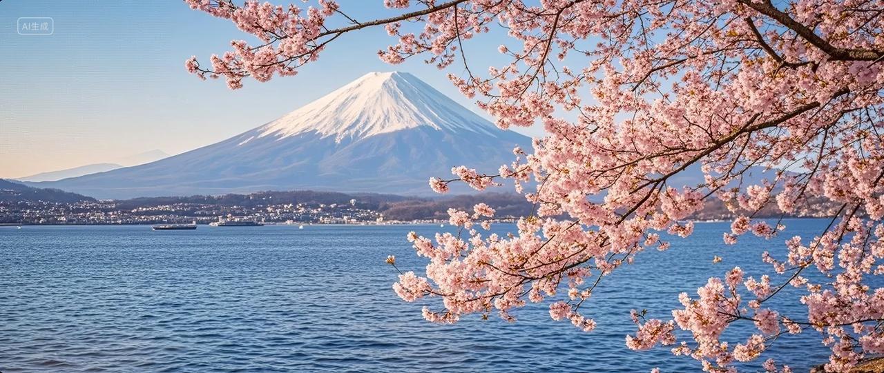 日本富士山樱花春季旅游胜地湖景背景图