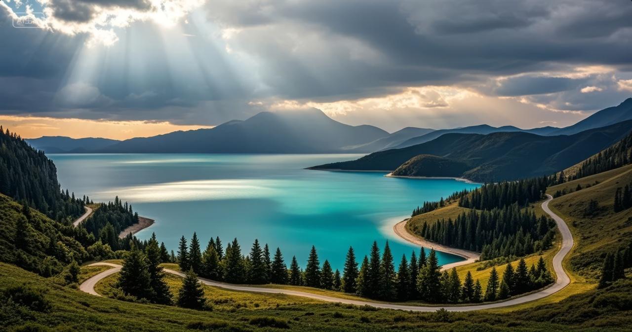 夏至节气公路湖泊山脉阳光自驾游自然风光