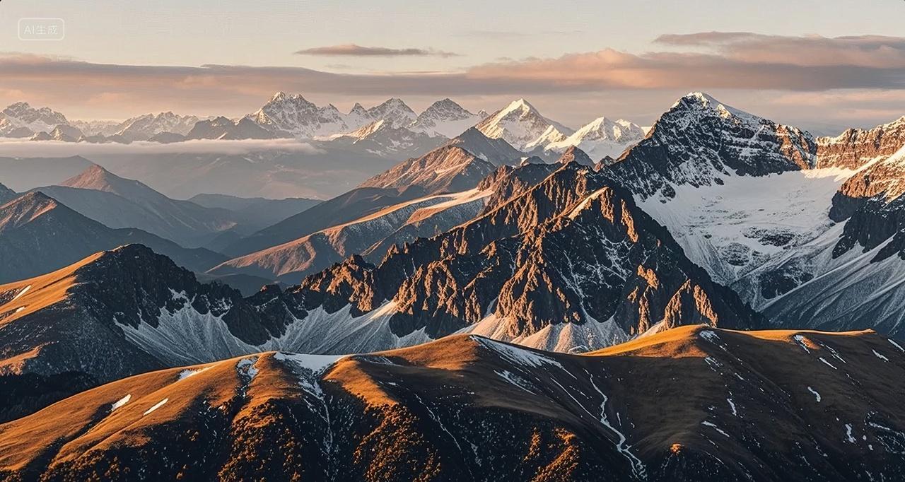 雪山山峰连绵不断冬日壮丽自然风光旅游背景