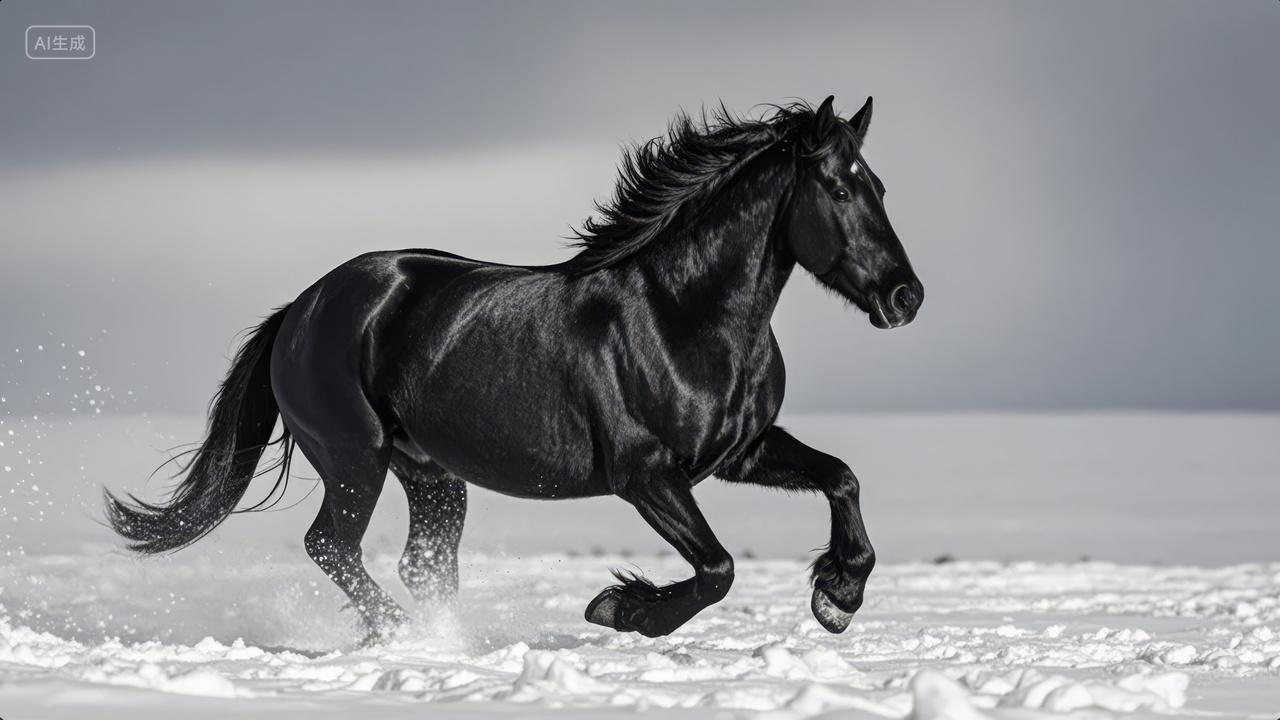 黑马雪地奔跑力量自由冬季动物摄影背景