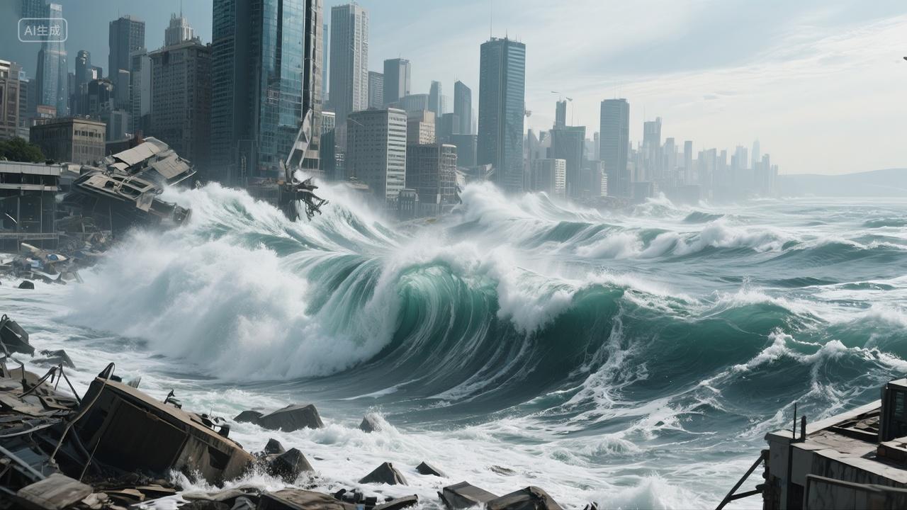 海浪冲击城市建筑场景