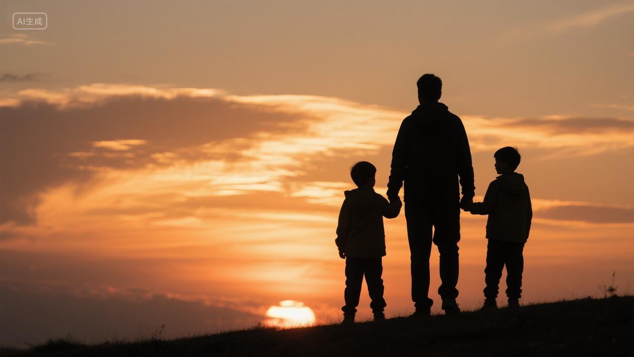 夕阳黄昏户外父子剪影背景
