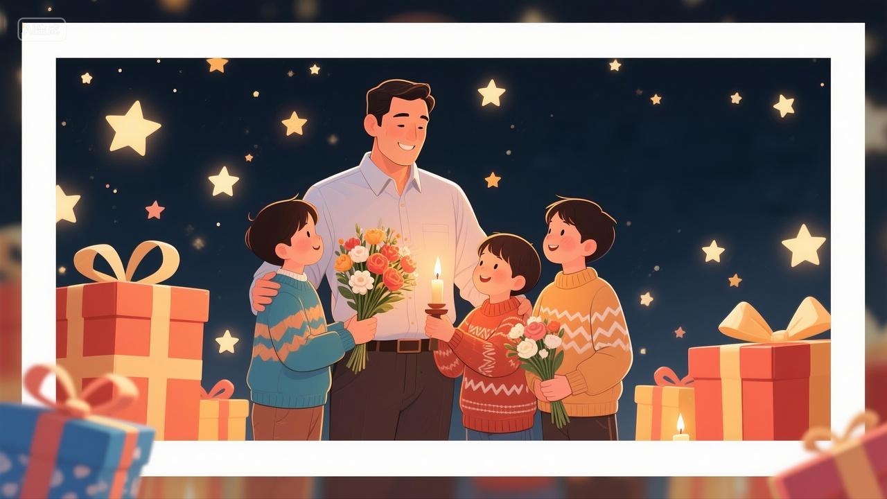 父亲节快乐儿女送礼物给爸爸海报插画