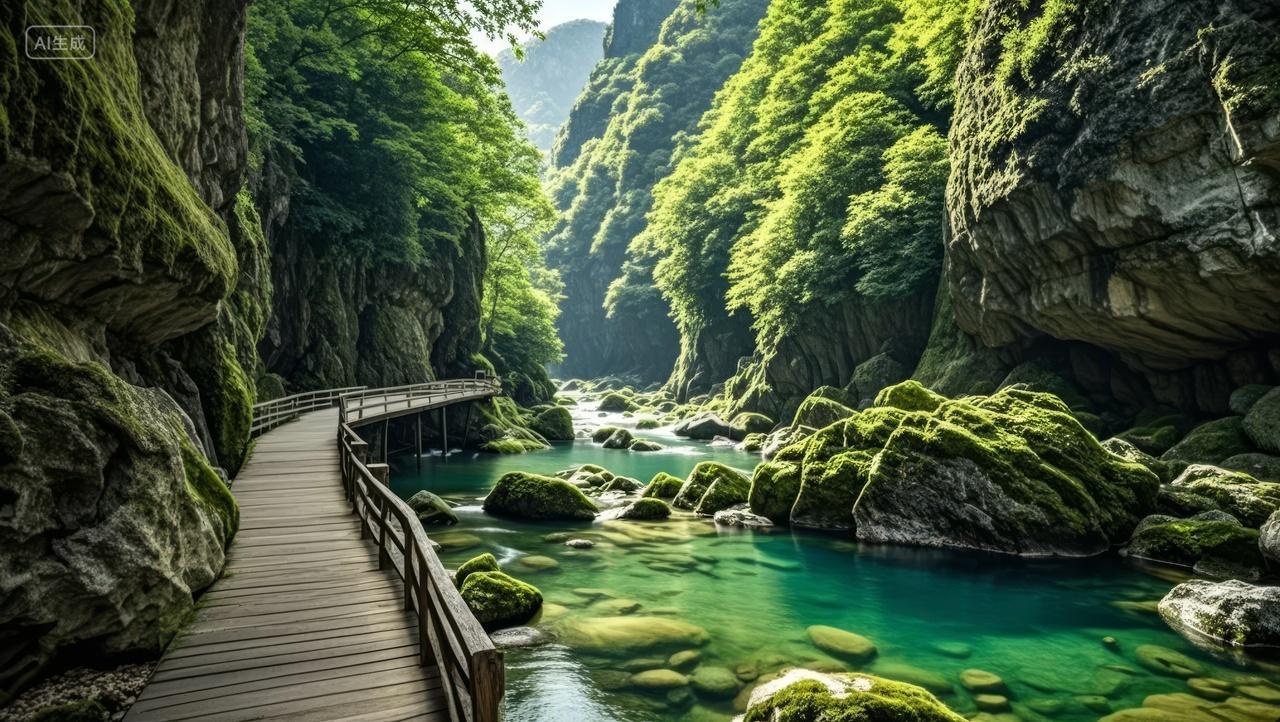 峡谷溪流栈道森林苔藓徒步探险自然背景