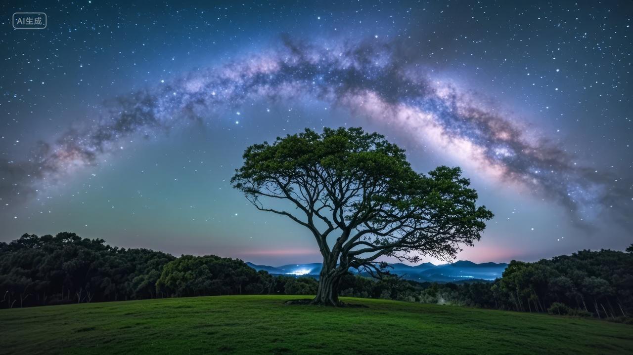 梦幻银河星空下孤树唯美天文奇观背景图