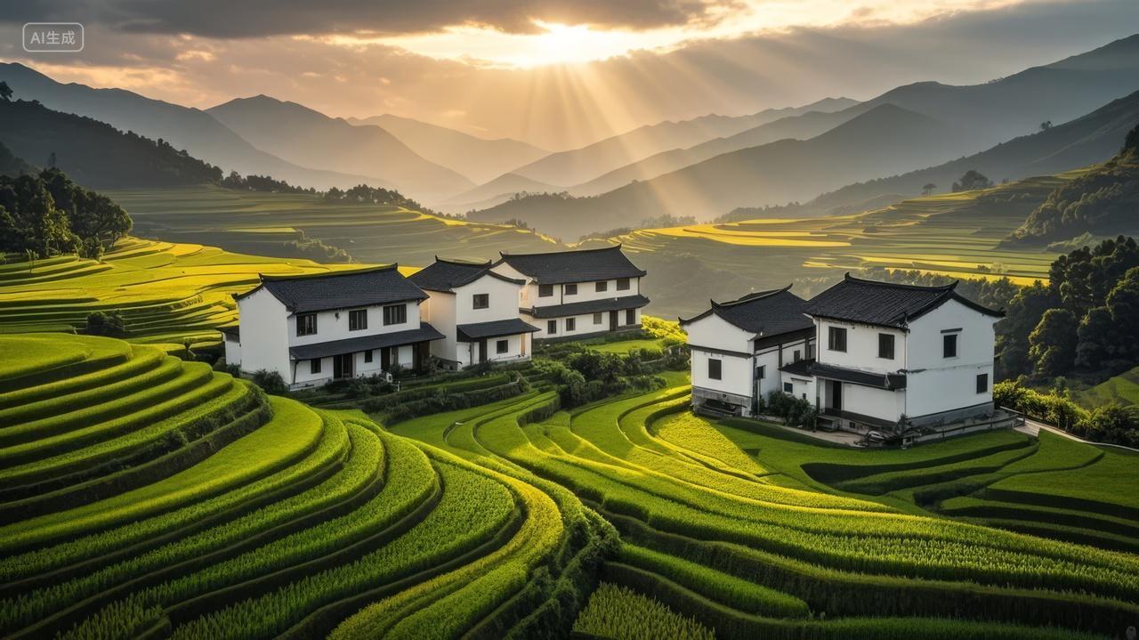春分秋分乡村梯田农耕田园生活房屋背景图