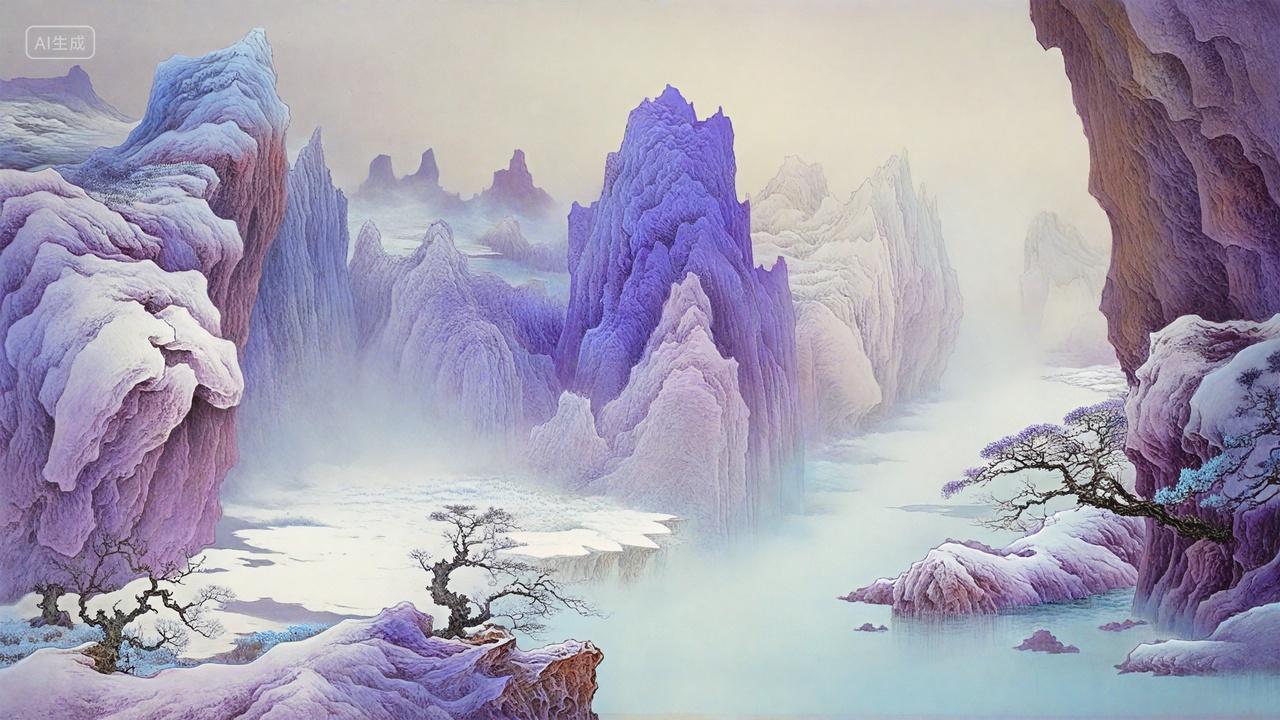 冰川融化充满意境禅意的紫色朦胧山脉河流风景画