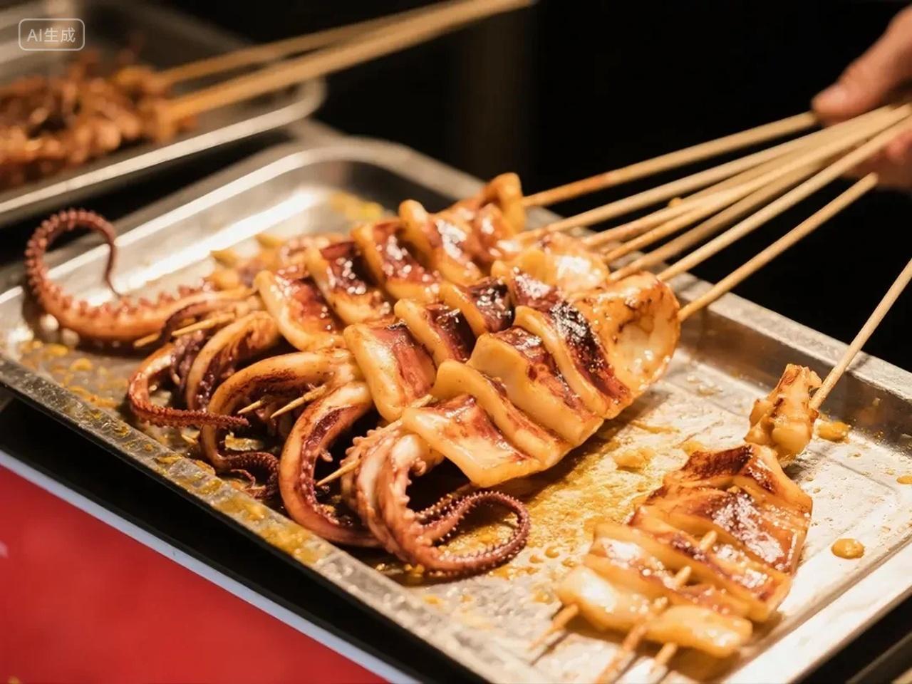 夜市烧烤鱿鱼摄影图