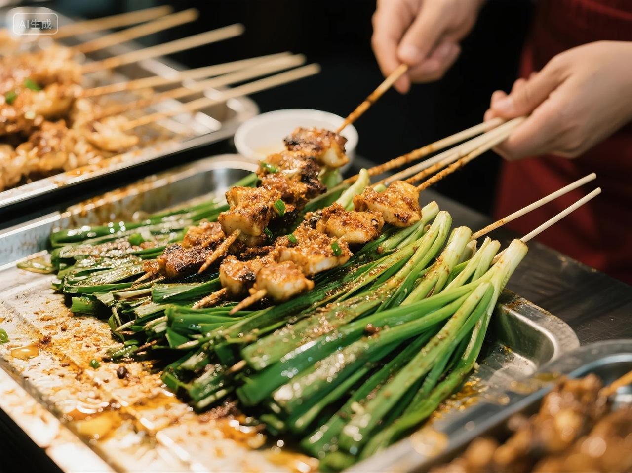 夜市烧烤韭菜美食图片