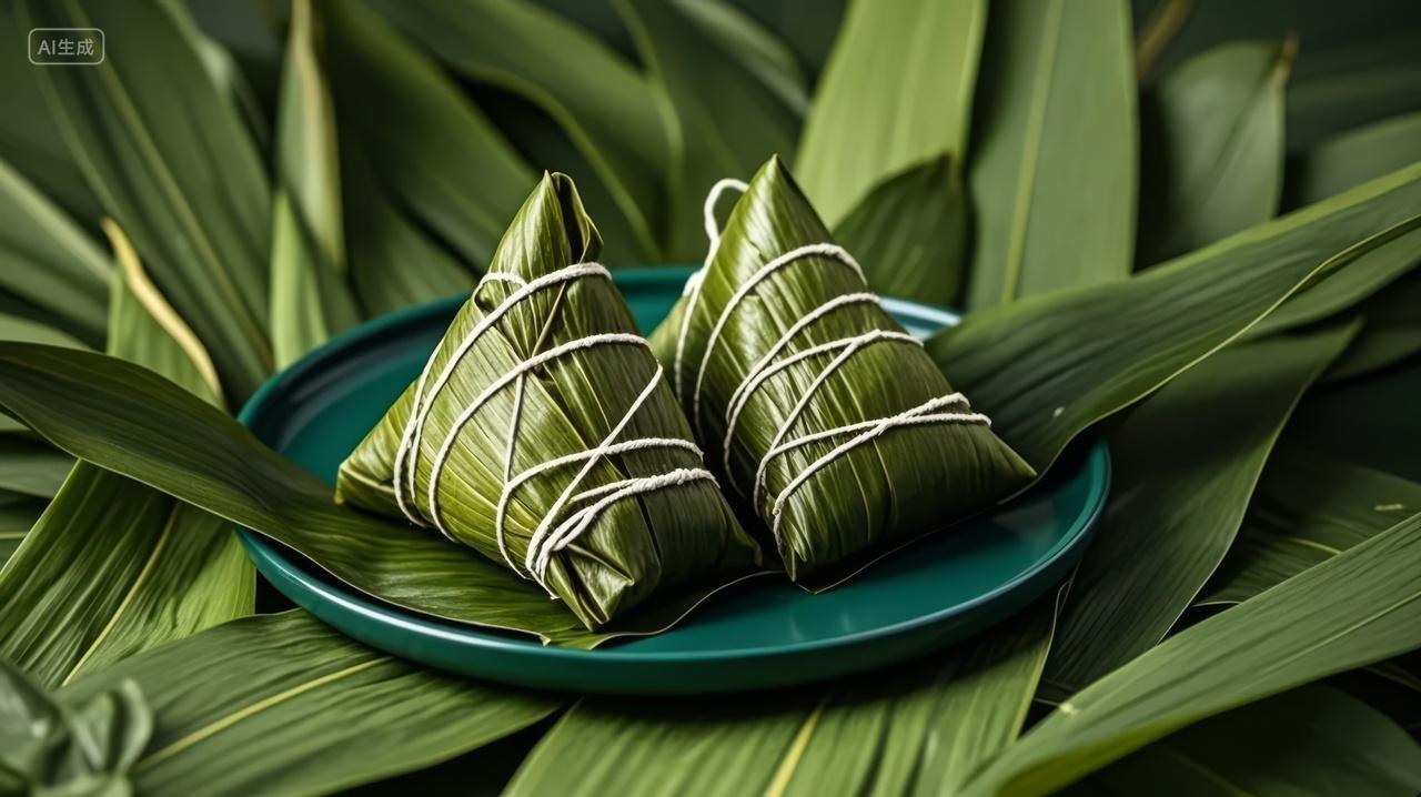 端午节粽子粽叶摆盘传统美食简约背景图