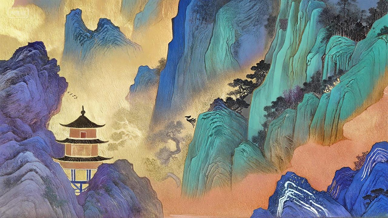 幽静古镇古寺庭院意境禅意宝蓝色紫色金色金箔点缀静物风景图