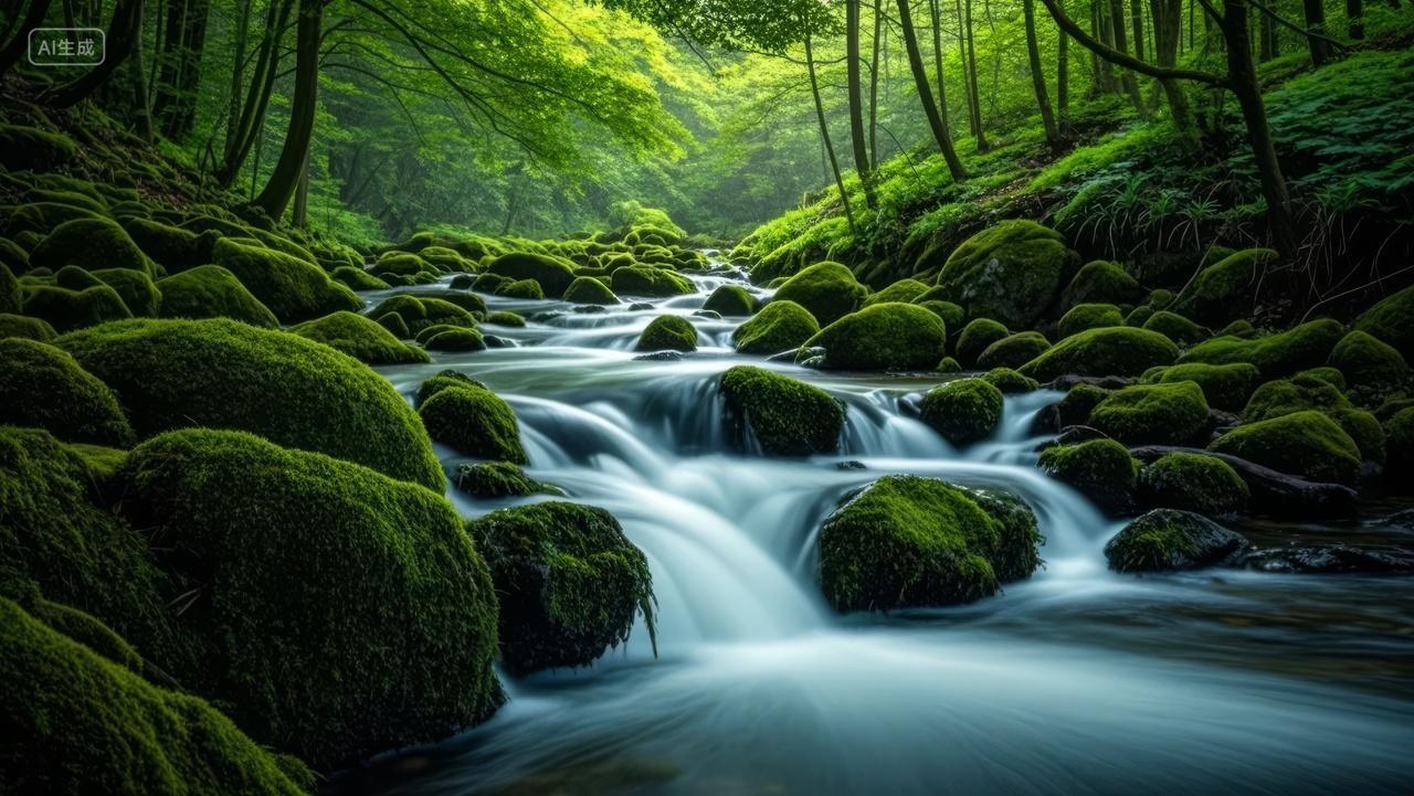 森林溪流瀑布苔藓绿意盎然生态自然背景