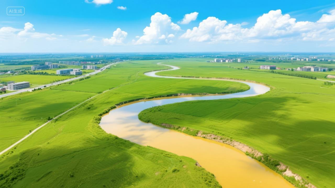 夏季草原河流蜿蜒航拍绿色生态自然背景