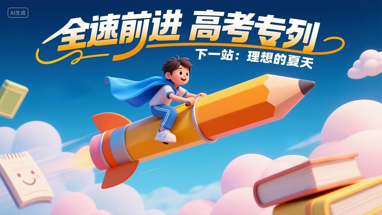 3D卡通中国高中生骑在铅笔火箭上冲刺高考冲刺