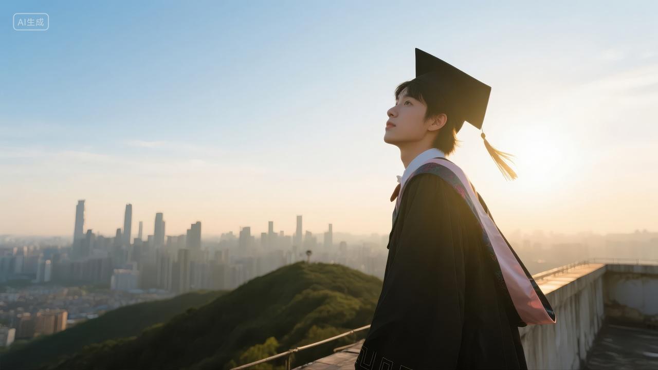 毕业季学士服学生城市远眺未来展望背景图