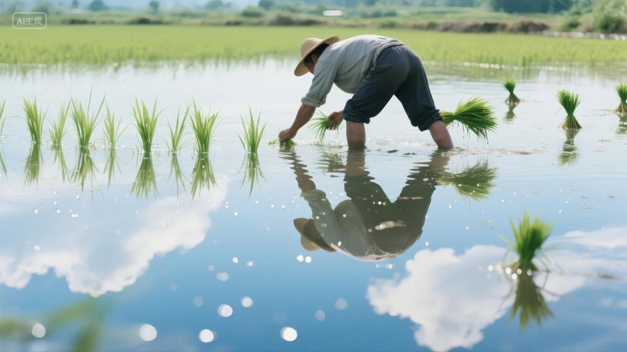 芒种节气农民水田插秧辛勤劳动农业背景图