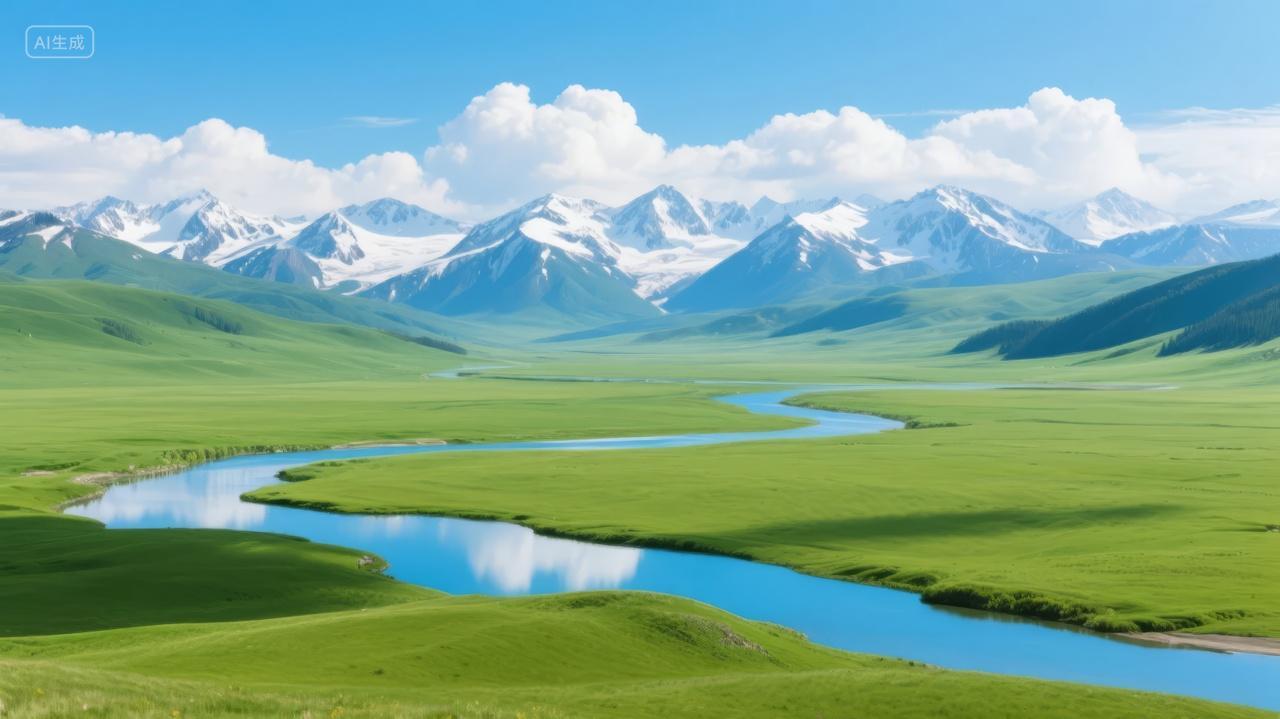 新疆草原河流雪山夏季牧场自然风光背景