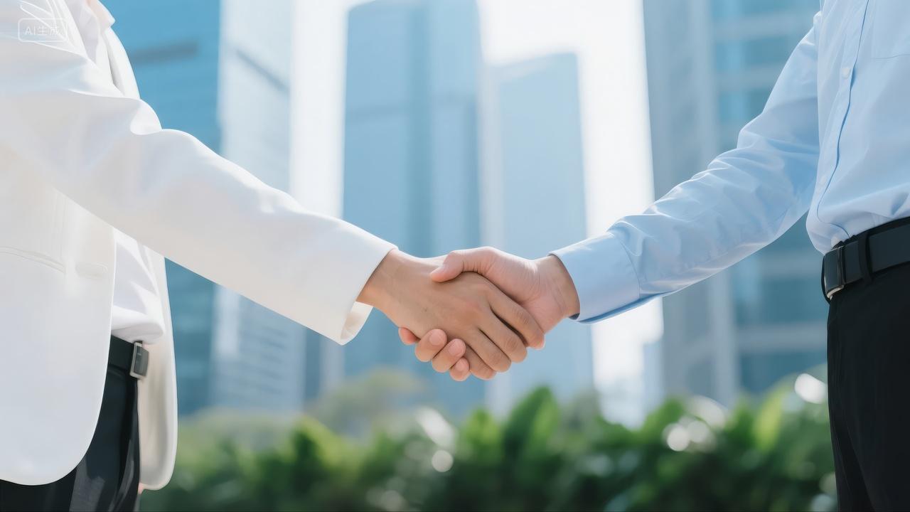 商务合作握手协议成功签约写字楼背景图