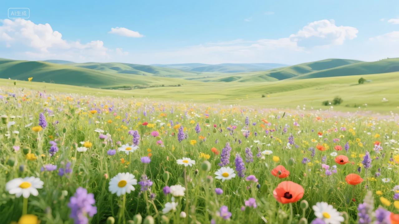 春分节气花海草原自然风光浪漫治愈背景图