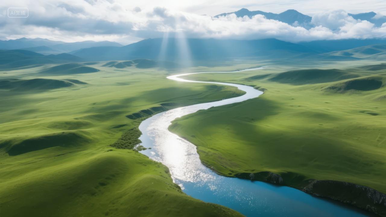 草原河流蜿蜒航拍绿色生态自然风光背景