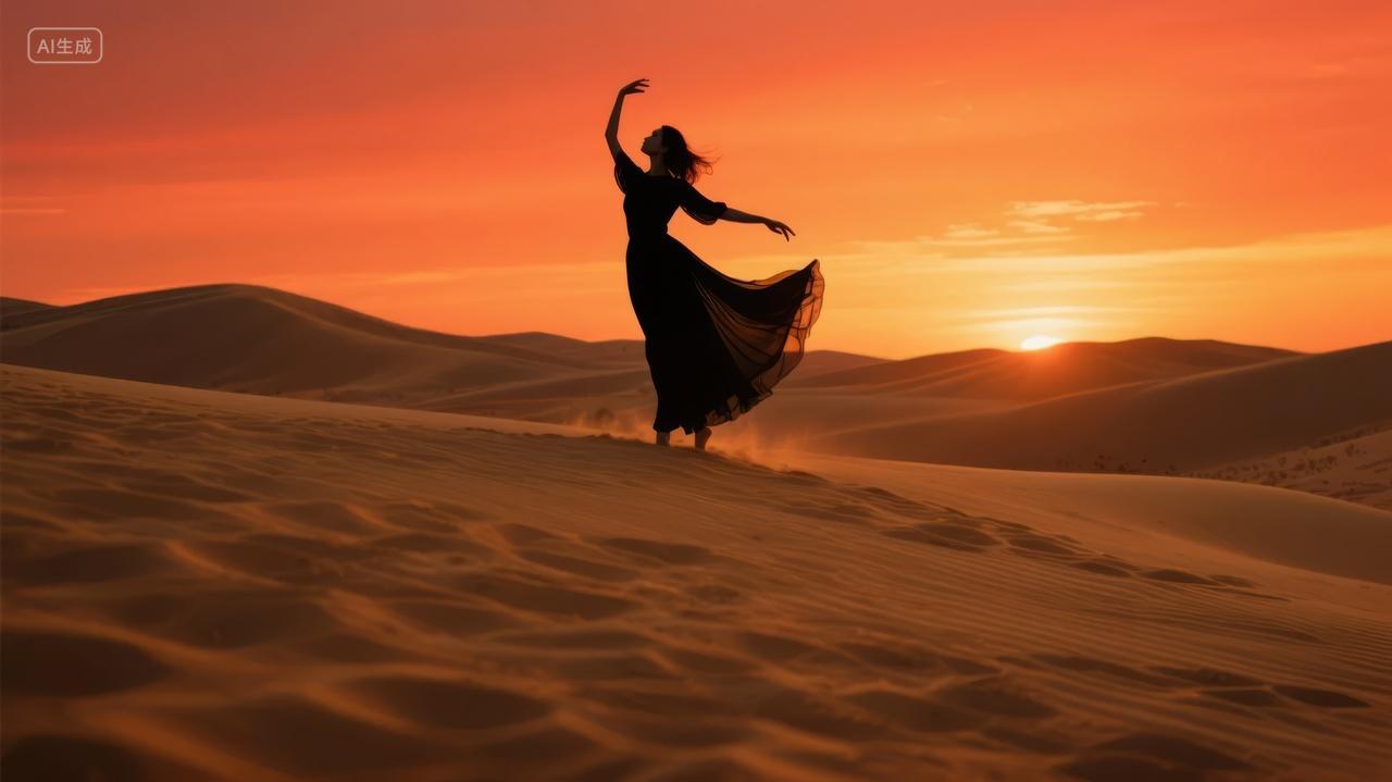 沙漠中跳舞女子剪影自由奔放艺术背景图