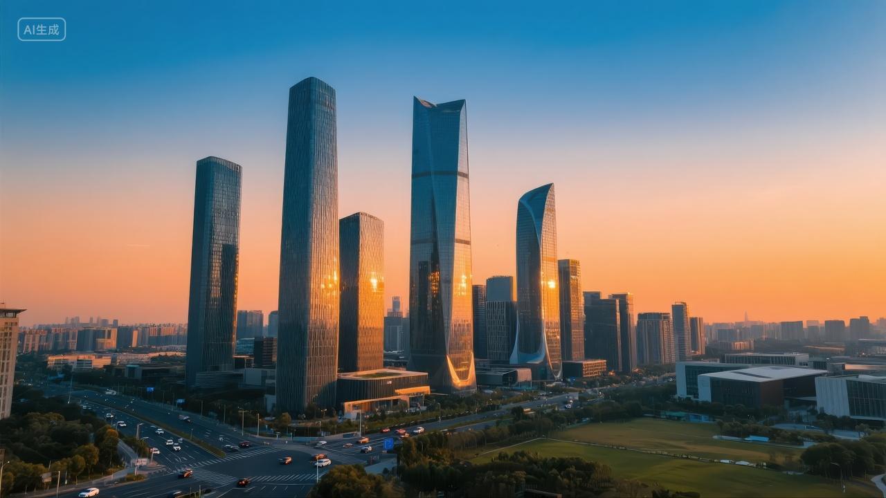 城市天际线黄昏CBD现代建筑商务金融背景