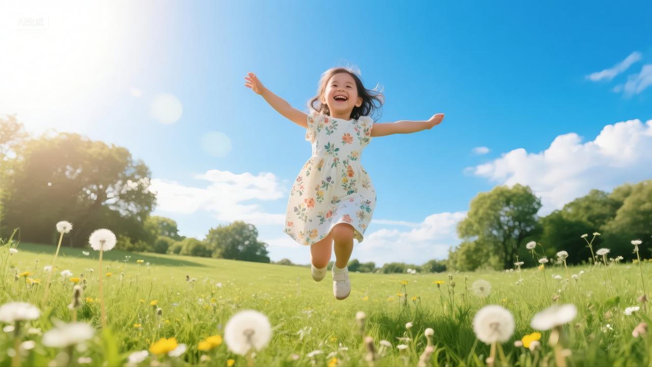 六一儿童节女孩草地奔跑快乐童年夏天背景