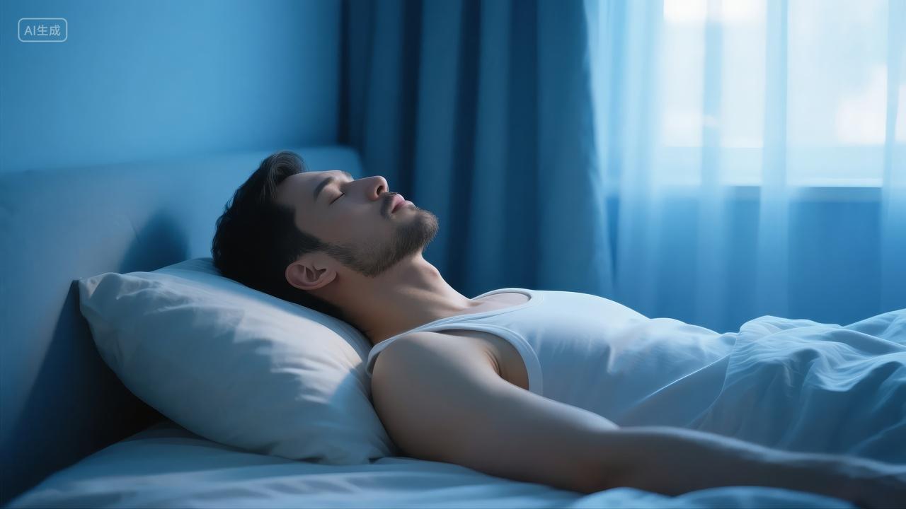 世界睡眠日男性卧室熟睡健康生活方式背景