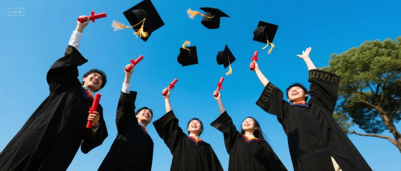 毕业季快乐大学生抛学士帽庆祝青春背景