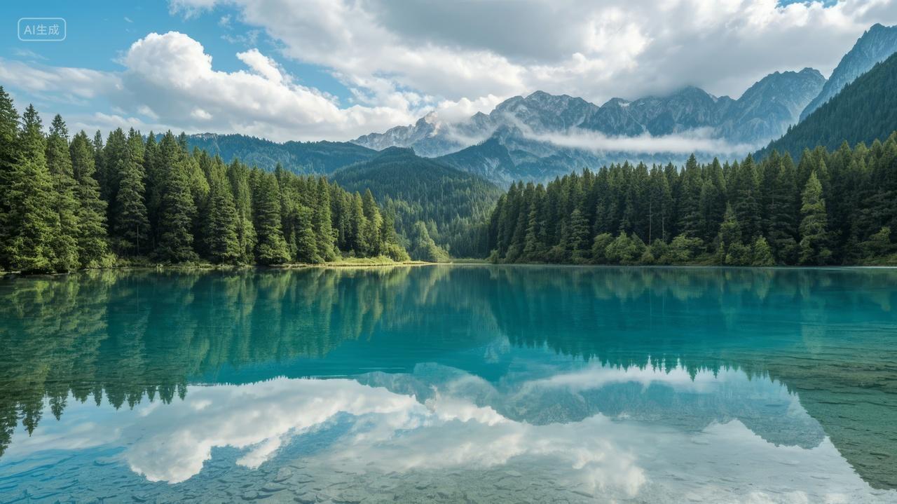 秋季森林湖泊倒影雪山宁静唯美自然背景