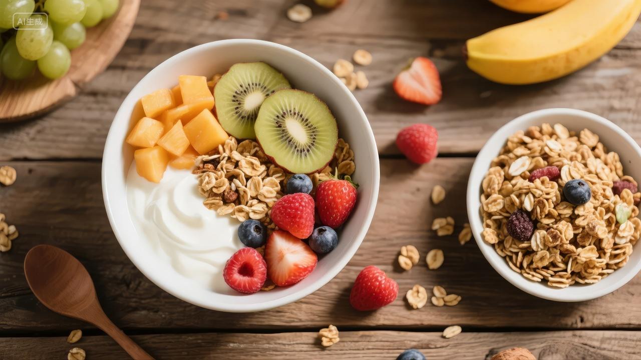 健康早餐酸奶水果麦片美食生活方式背景