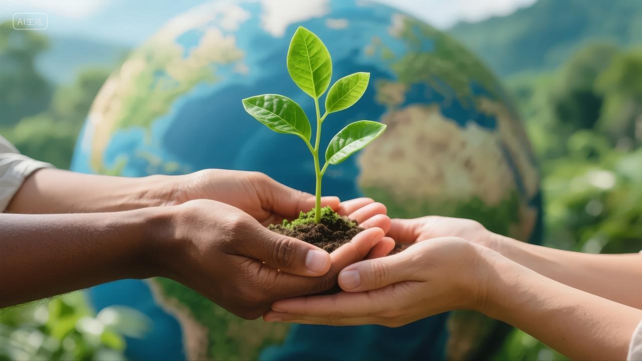 地球日双手呵护幼苗环保公益绿色希望背景
