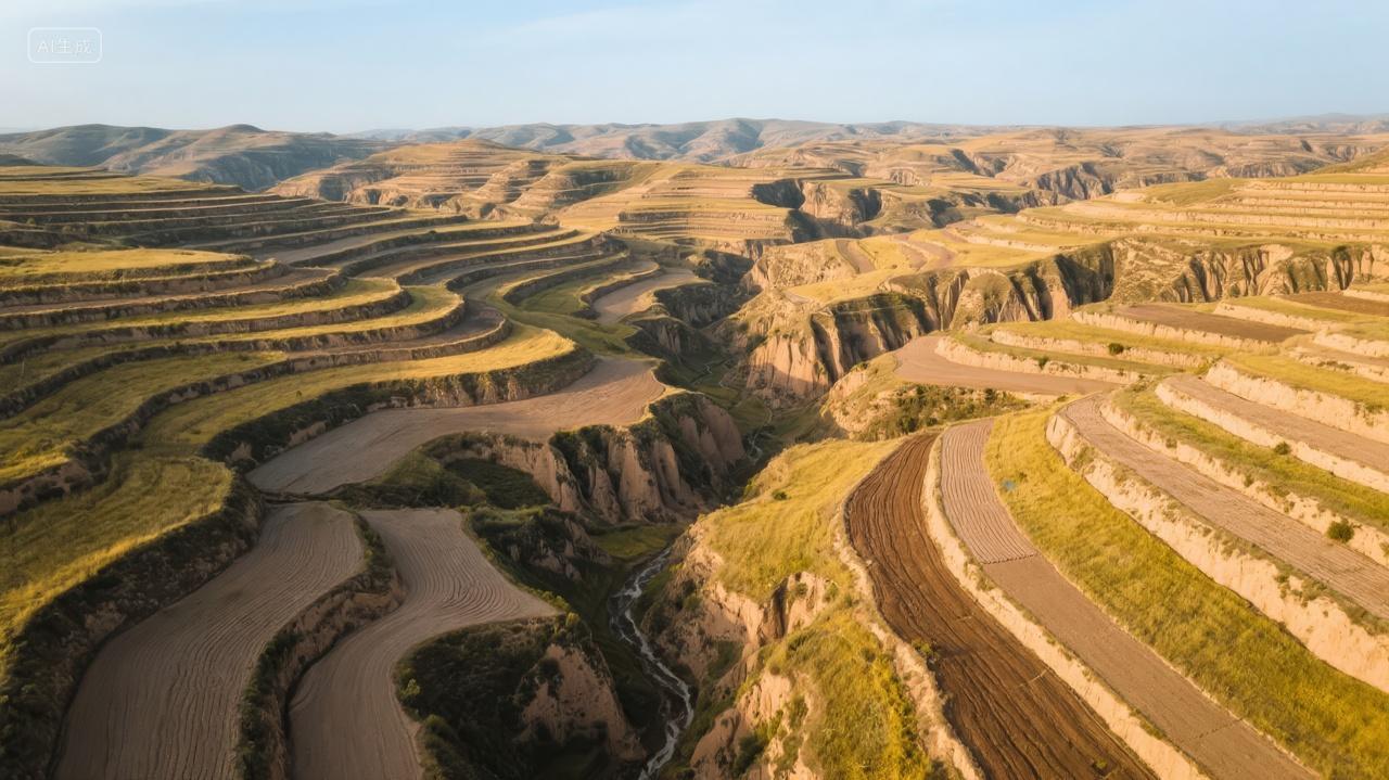 黄土高原梯田农耕地貌航拍文化遗产背景