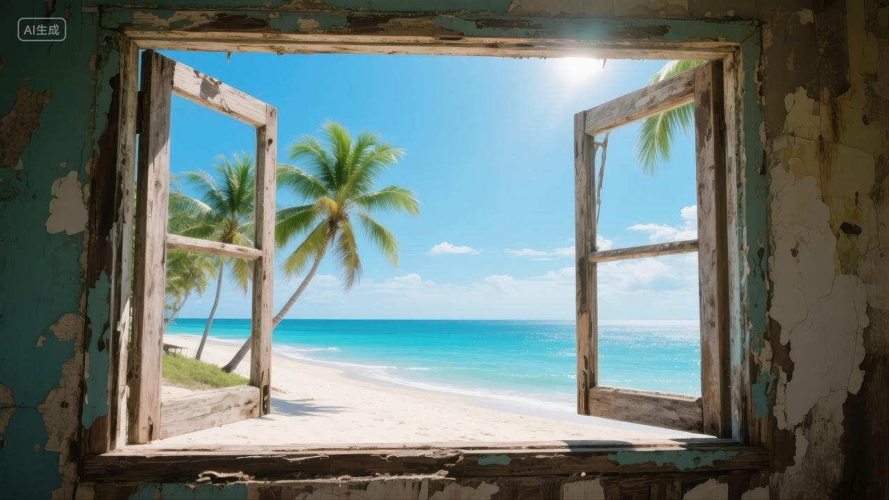 夏季海滩窗外风景度假酒店旅游推广背景图