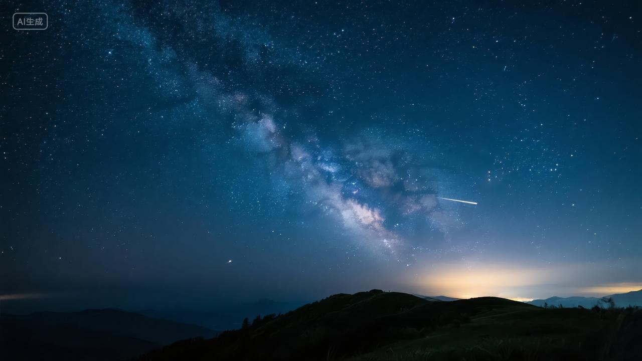 夜空银河星空山脉剪影唯美浪漫自然背景图