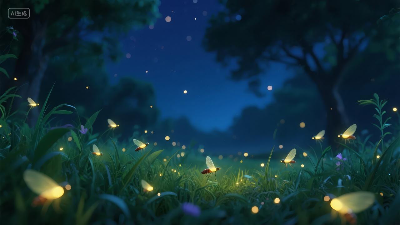 夏至节气夜晚森林萤火虫奇幻浪漫自然背景