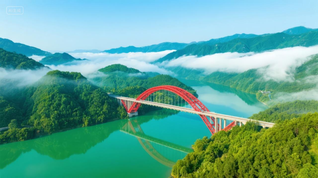 赤水丹霞大桥公路旅游交通建筑自然背景图